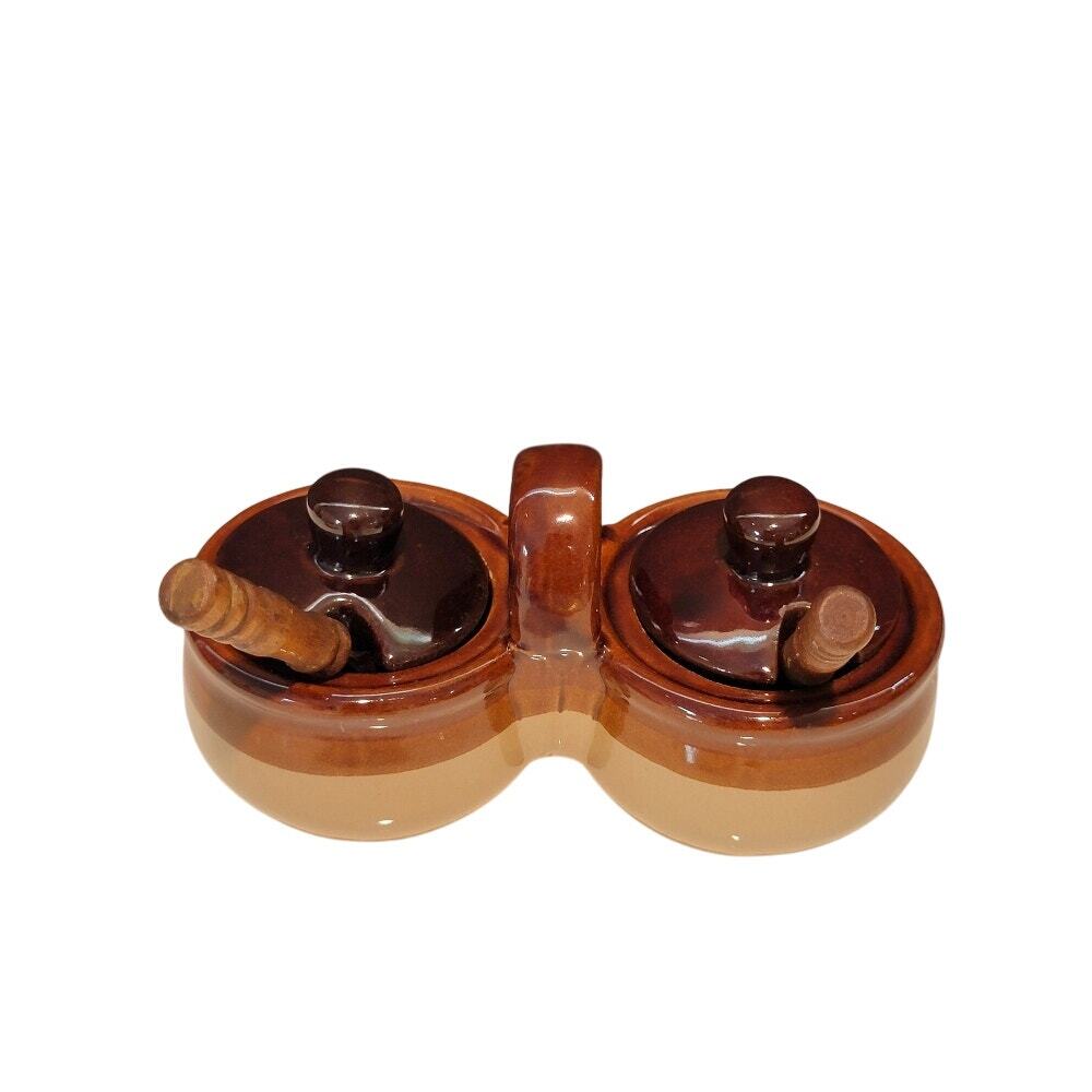 VTG Double Bowl Glazed Stoneware Condiment‎ Server Lids Spoons Serveware Brown